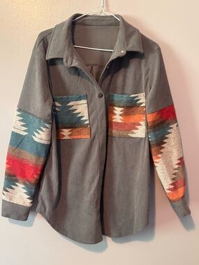SHEIN Gray Corduroy Utility Jacket with Multicolor Aztec Panels